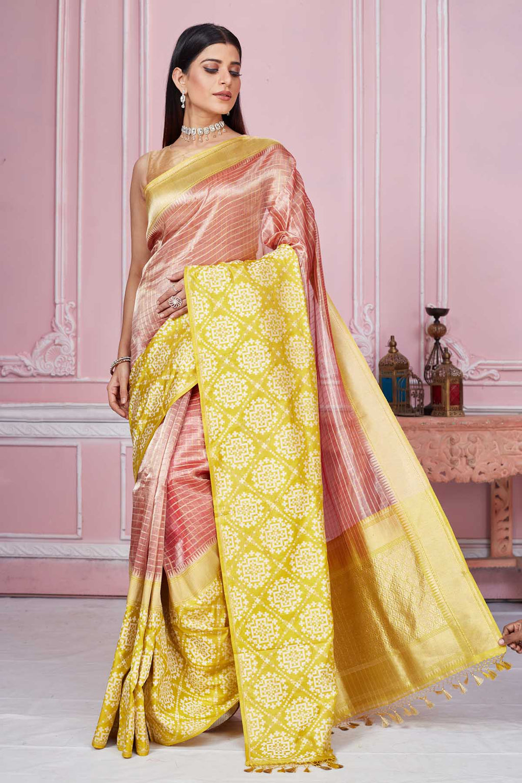 Buy pink Banarasi sari online in USA with yellow zari border and pallu. Look your best on festive occasions in latest designer saris, pure silk sarees, Kanjivaram silk sarees, handwoven saris, tussar silk sarees, embroidered saris from Pure Elegance Indian fashion store in USA.-full view