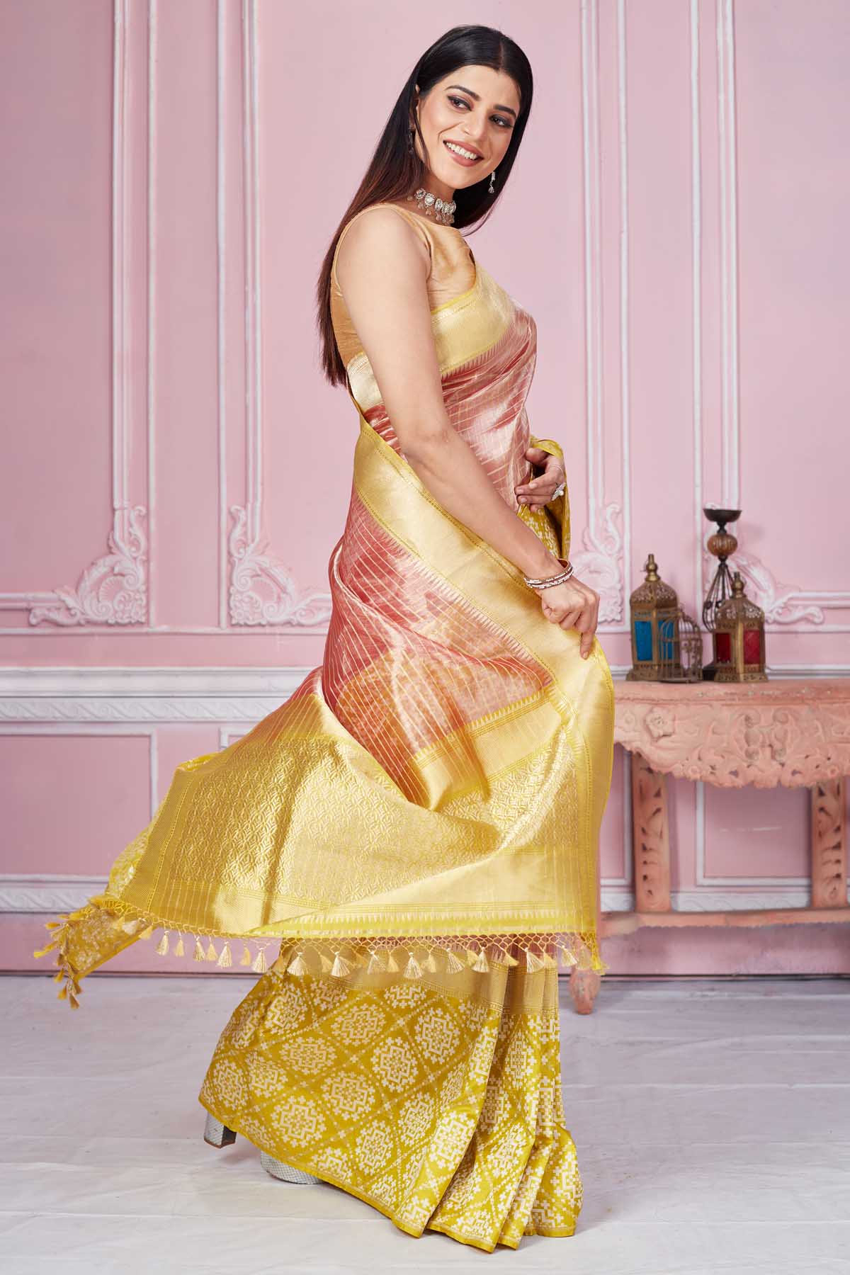 Buy pink Banarasi sari online in USA with yellow zari border and pallu. Look your best on festive occasions in latest designer saris, pure silk sarees, Kanjivaram silk sarees, handwoven saris, tussar silk sarees, embroidered saris from Pure Elegance Indian fashion store in USA.-side