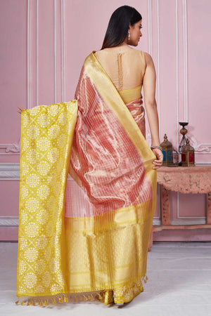Buy pink Banarasi sari online in USA with yellow zari border and pallu. Look your best on festive occasions in latest designer saris, pure silk sarees, Kanjivaram silk sarees, handwoven saris, tussar silk sarees, embroidered saris from Pure Elegance Indian fashion store in USA.-back
