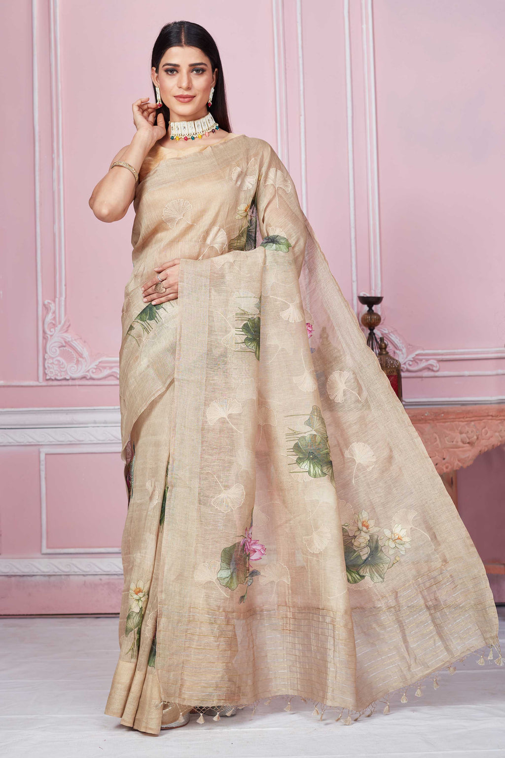 Buy stunning beige floral print Banarasi saree online in USA. Look your best on festive occasions in latest designer sarees, pure silk saris, Kanchipuram silk sarees, handwoven sarees, tussar silk saris, embroidered sarees from Pure Elegance Indian fashion store in USA.-full view
