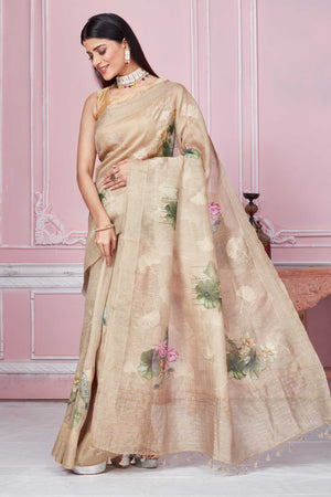 Buy stunning beige floral print Banarasi saree online in USA. Look your best on festive occasions in latest designer sarees, pure silk saris, Kanchipuram silk sarees, handwoven sarees, tussar silk saris, embroidered sarees from Pure Elegance Indian fashion store in USA.-pallu