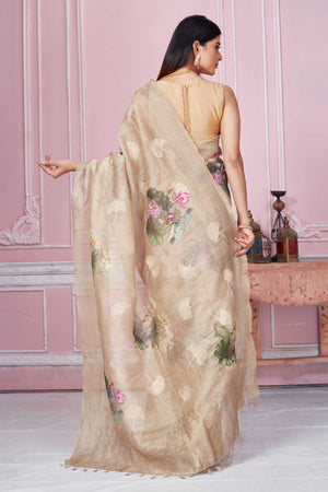 Buy stunning beige floral print Banarasi saree online in USA. Look your best on festive occasions in latest designer sarees, pure silk saris, Kanchipuram silk sarees, handwoven sarees, tussar silk saris, embroidered sarees from Pure Elegance Indian fashion store in USA.-back
