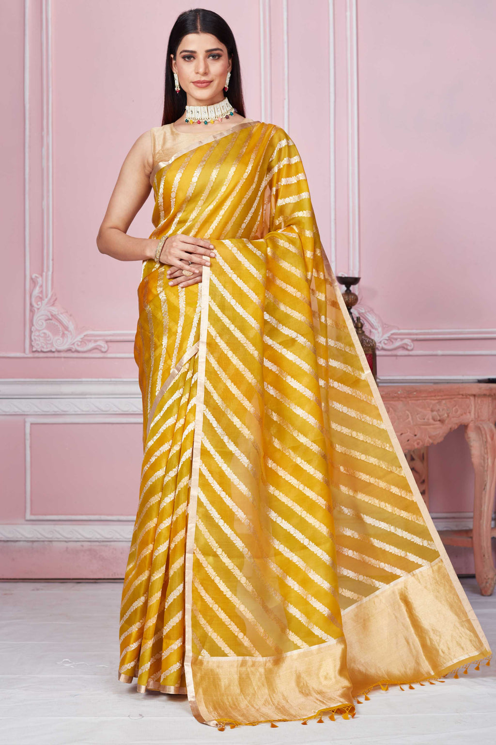 Buy stunning mustard zari stripes Banarasi saree online in USA. Look your best on festive occasions in latest designer sarees, pure silk saris, Kanchipuram silk sarees, handwoven sarees, tussar silk saris, embroidered sarees from Pure Elegance Indian fashion store in USA.-full view