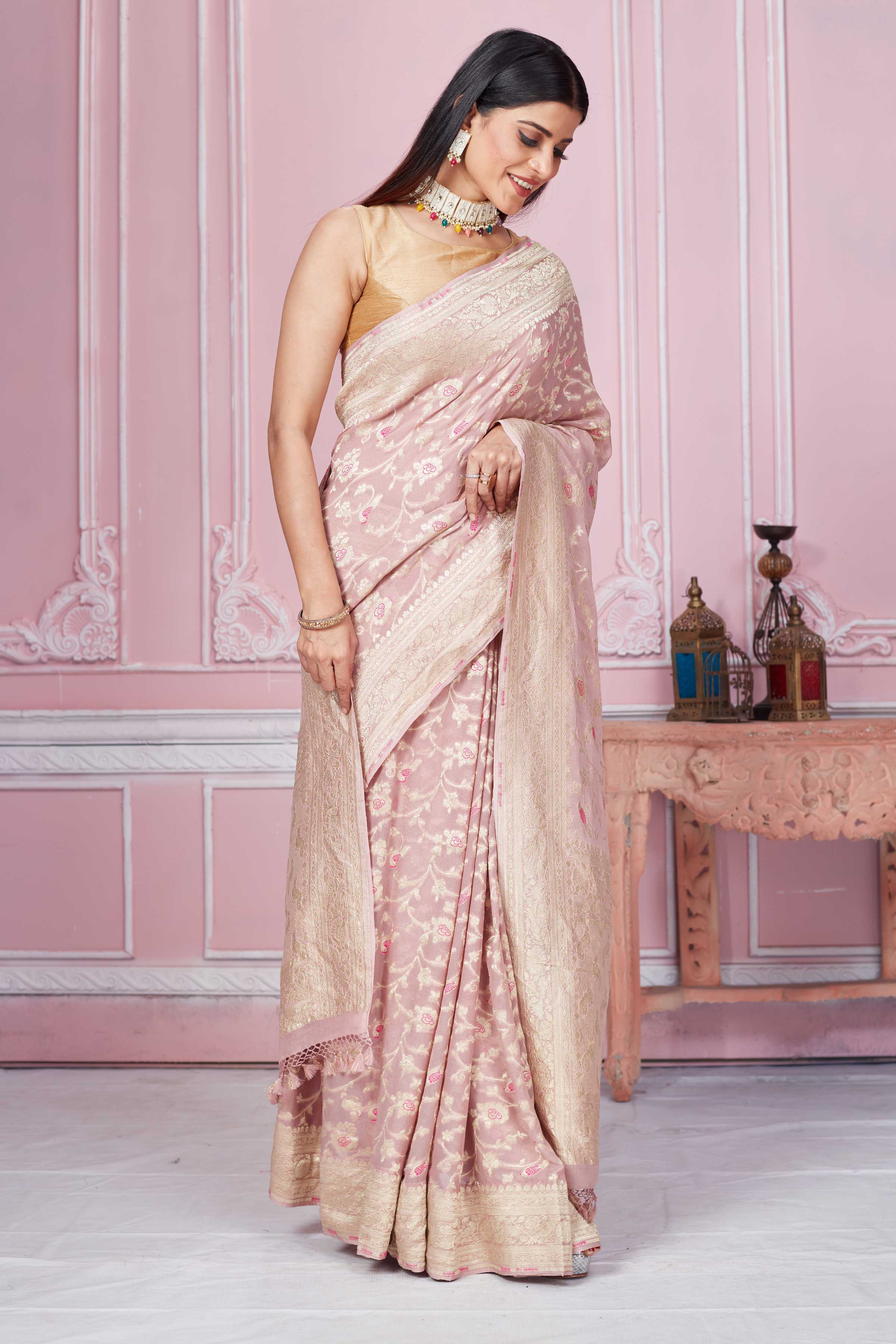 Shop dusty pink minakari zari jaal Banarasi sari online in USA. Look your best on festive occasions in latest designer sarees, pure silk saris, Kanchipuram silk sarees, handwoven sarees, tussar silk saris, embroidered sarees from Pure Elegance Indian fashion store in USA.-side