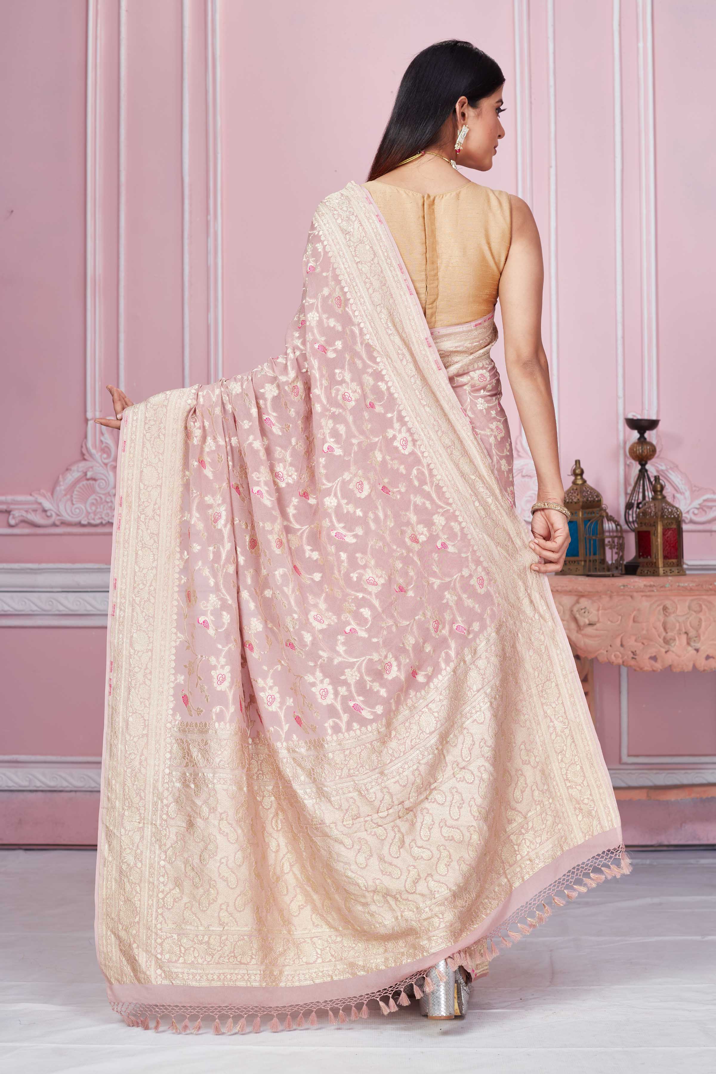 Shop dusty pink minakari zari jaal Banarasi sari online in USA. Look your best on festive occasions in latest designer sarees, pure silk saris, Kanchipuram silk sarees, handwoven sarees, tussar silk saris, embroidered sarees from Pure Elegance Indian fashion store in USA.-back