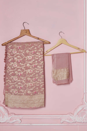 Shop dusty pink minakari zari jaal Banarasi sari online in USA. Look your best on festive occasions in latest designer sarees, pure silk saris, Kanchipuram silk sarees, handwoven sarees, tussar silk saris, embroidered sarees from Pure Elegance Indian fashion store in USA.-blouse