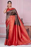 Buy brown Banarasi sari online in USA with red zari border. Look your best on festive occasions in latest designer sarees, pure silk saris, Kanchipuram silk sarees, handwoven sarees, tussar silk saris, embroidered sarees from Pure Elegance Indian fashion store in USA.-full view