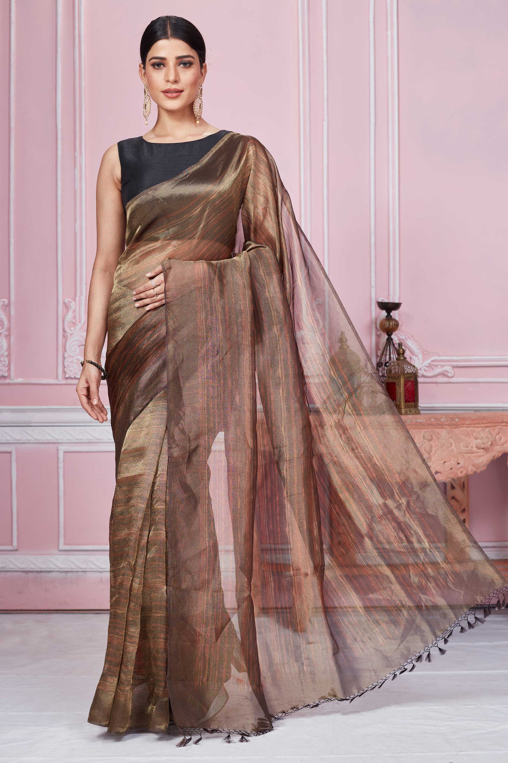 Buy stunning brown tissue Banarasi sari online in USA. Look your best on festive occasions in latest designer sarees, pure silk saris, Kanchipuram silk sarees, handwoven sarees, tussar silk saris, embroidered sarees from Pure Elegance Indian fashion store in USA.-full view
