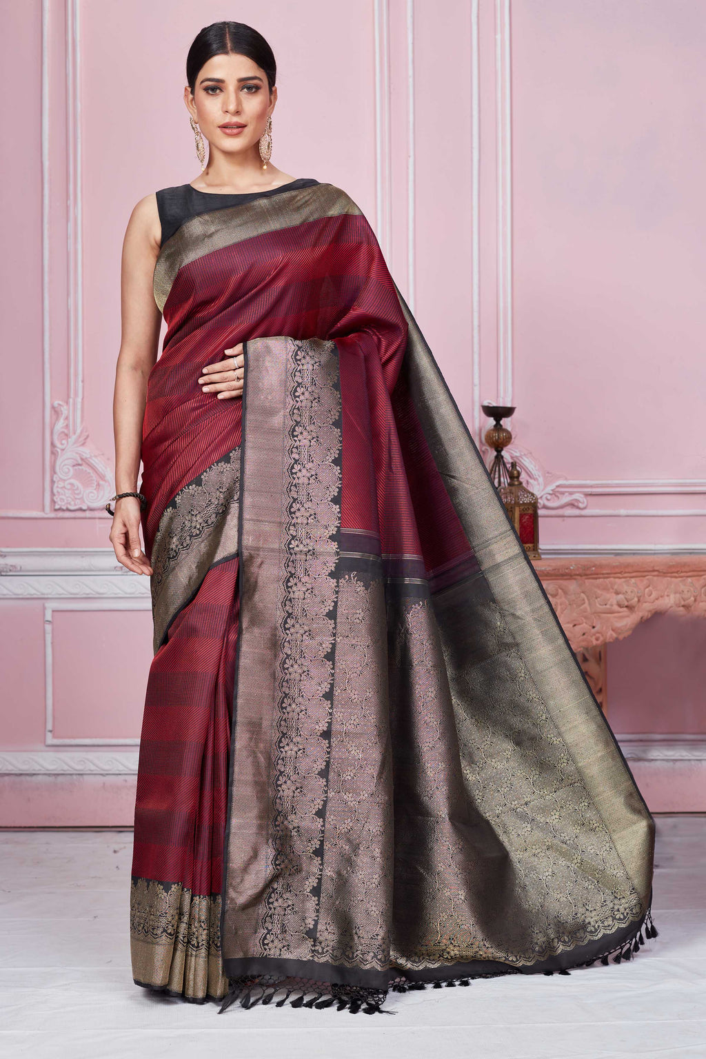 Shop wine color Banarasi sari online in USA with antique zari border. Look your best on festive occasions in latest designer sarees, pure silk saris, Kanchipuram silk sarees, handwoven sarees, tussar silk saris, embroidered sarees from Pure Elegance Indian fashion store in USA.-full view