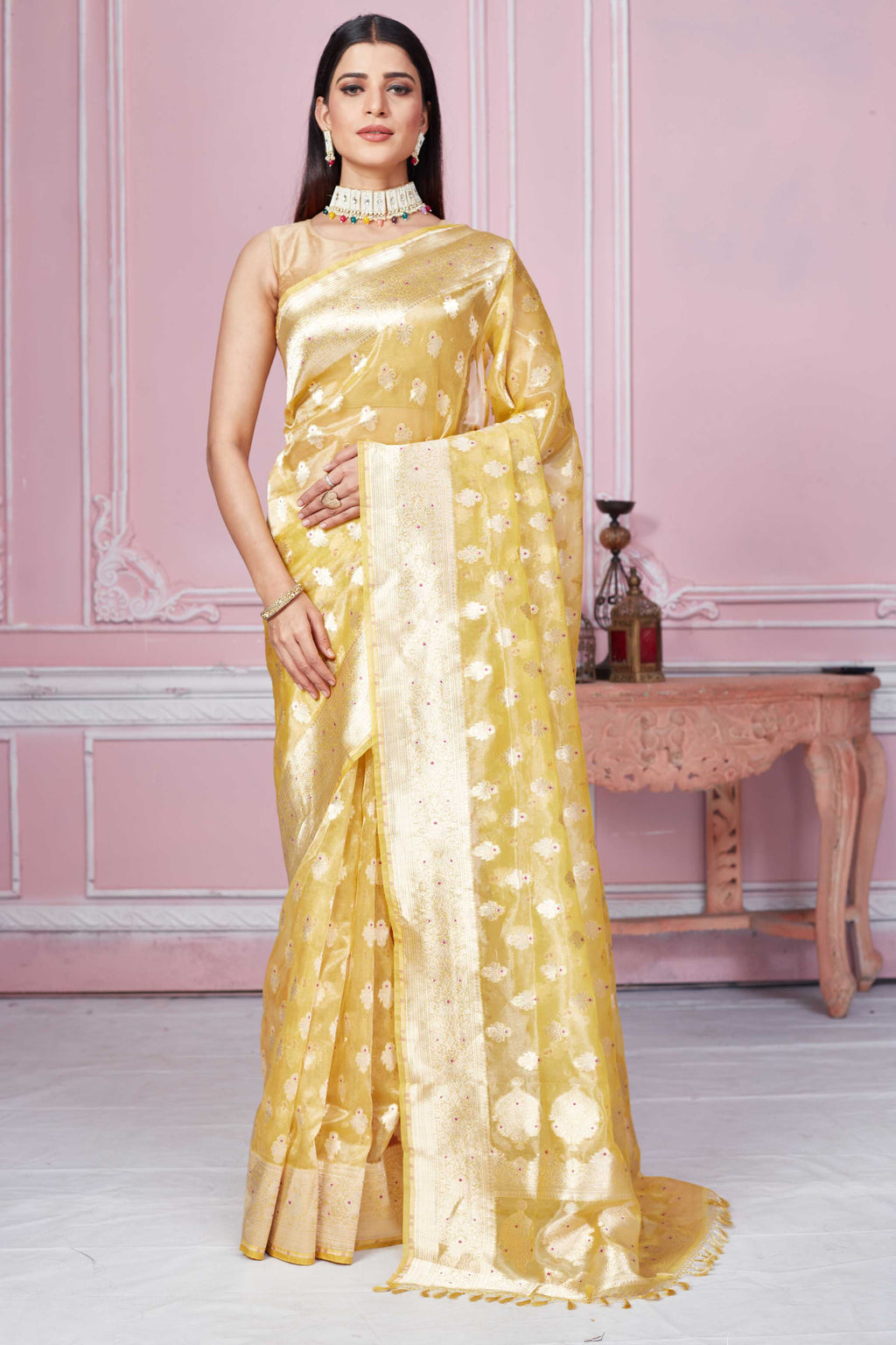 Shop yellow Banarasi sari online in USA with zari minakari buta. Look your best on festive occasions in latest designer sarees, pure silk saris, Kanchipuram silk sarees, handwoven sarees, tussar silk saris, embroidered sarees from Pure Elegance Indian fashion store in USA.-full view