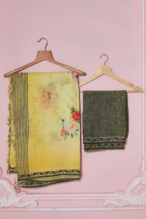 Buy yellow floral print linen saree online in USA with striped pallu. Look your best on festive occasions in latest designer sarees, pure silk saris, Kanchipuram silk sarees, handwoven sarees, tussar silk saris, embroidered sarees from Pure Elegance Indian fashion store in USA.-blouse