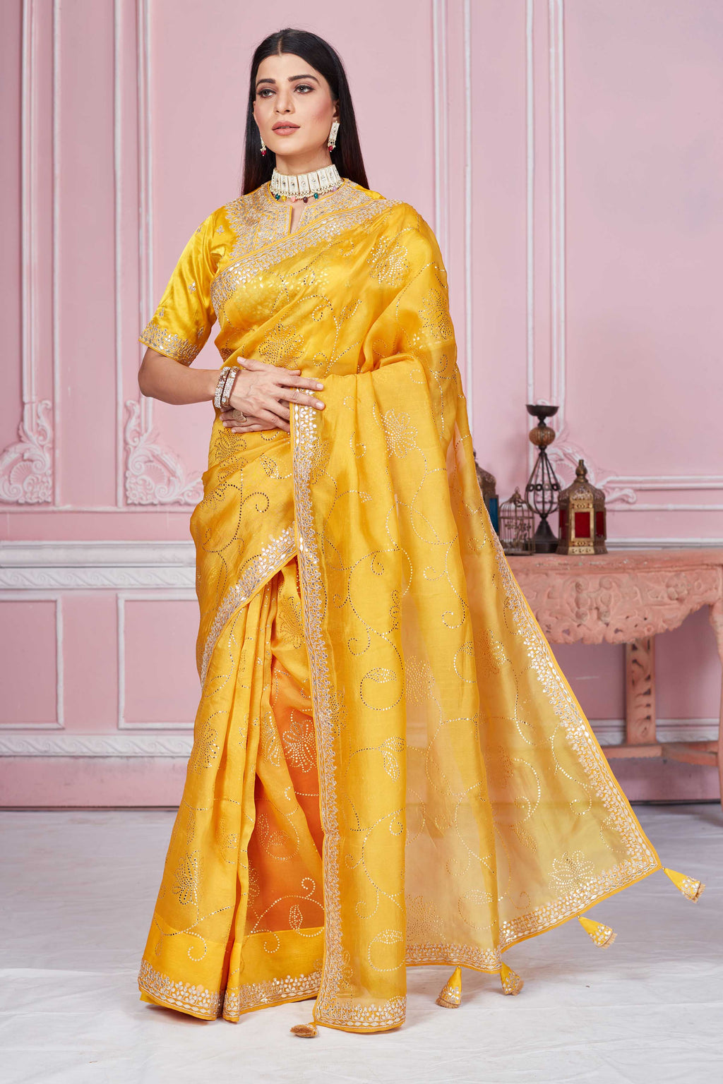 Buy yellow gota patti embroidery organza sari online in USA with blouse. Look your best on festive occasions in latest designer sarees, pure silk sarees, Kanjivaram silk saris, handwoven saris, tussar silk sarees, embroidered saris from Pure Elegance Indian clothing store in USA.-full view
