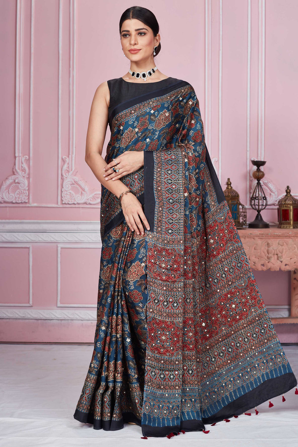 Shop blue floral Gajji silk sari online in USA with mirror work. Look your best on festive occasions in latest designer sarees, pure silk sarees, Kanjivaram silk saris, handwoven saris, tussar silk sarees, embroidered saris from Pure Elegance Indian clothing store in USA.-full view