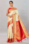 Shop cream Kanjivaram silk saree online in USA with red zari border. Look your best on festive occasions in latest designer sarees, pure silk sarees, Kanjivaram silk saris, handwoven saris, tussar silk sarees, embroidered saris from Pure Elegance Indian clothing store in USA.-full view