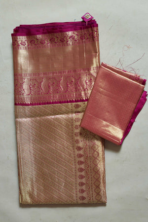 Shop golden pink heavy Kanjivaram silk sari online in USA. Look your best on festive occasions in latest designer sarees, pure silk sarees, Kanjivaram silk saris, handwoven saris, tussar silk sarees, embroidered saris from Pure Elegance Indian clothing store in USA.-blouse