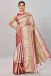 Shop golden pink heavy Kanjivaram silk sari online in USA. Look your best on festive occasions in latest designer sarees, pure silk sarees, Kanjivaram silk saris, handwoven saris, tussar silk sarees, embroidered saris from Pure Elegance Indian clothing store in USA.-full view