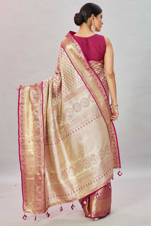 Shop golden pink heavy Kanjivaram silk sari online in USA. Look your best on festive occasions in latest designer sarees, pure silk sarees, Kanjivaram silk saris, handwoven saris, tussar silk sarees, embroidered saris from Pure Elegance Indian clothing store in USA.-back