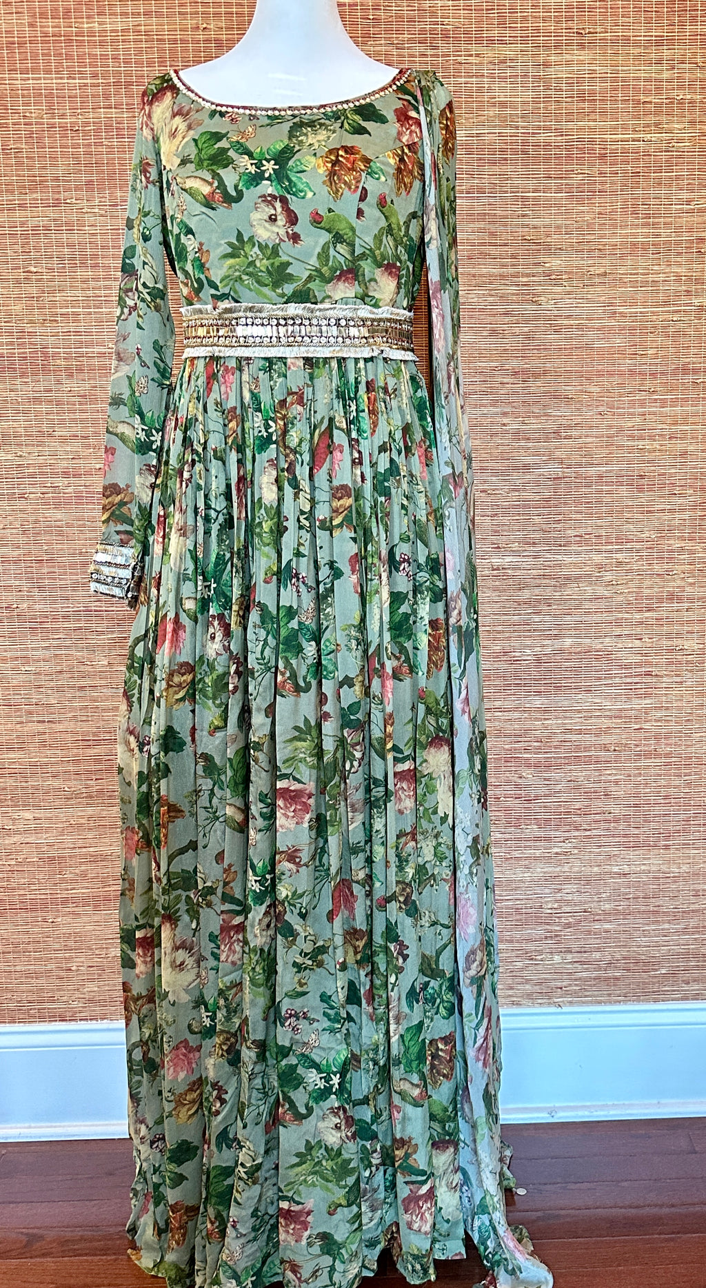 Buy beautiful light green floral georgette dress online in USA with belt. Look royal on special occasions in exquisite designer lehengas, pure silk sarees, handloom sarees, Bollywood sarees, Anarkali suits, Banarasi sarees, organza sarees from Pure Elegance Indian saree store in USA.-full view