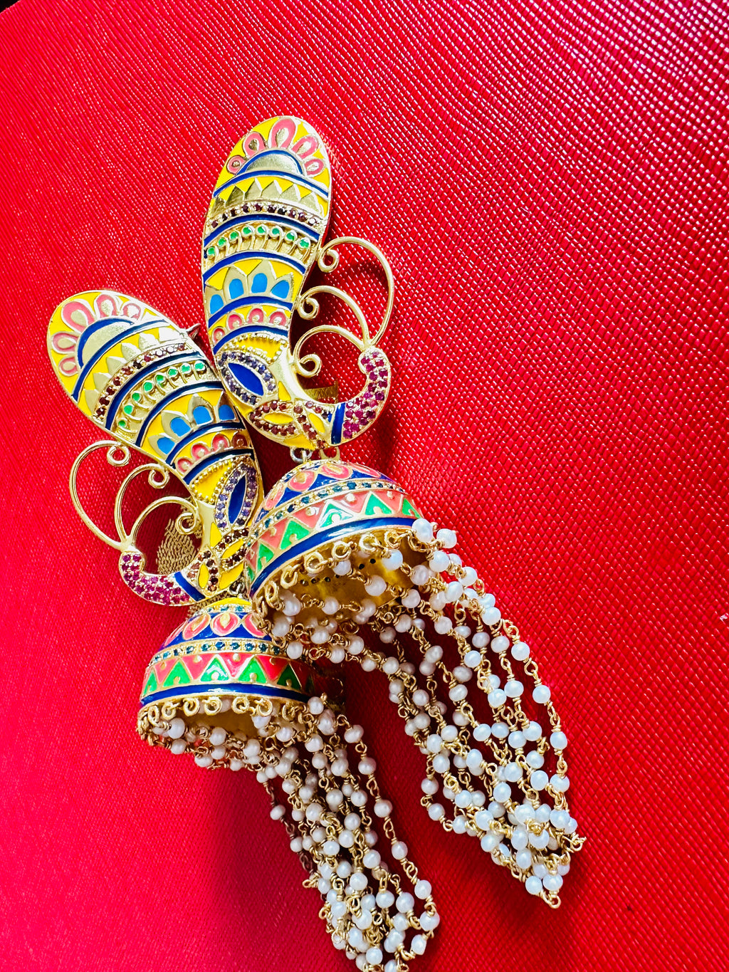 Buy Amrapali multicolor enamel jhumka earrings in USA with pearl tassels. Buy beautiful gold plated jewelry, gold plated earrings, silver earrings, silver bangles, bridal jewelry, wedding jewellery from Pure Elegance Indian fashion store in USA.-full view