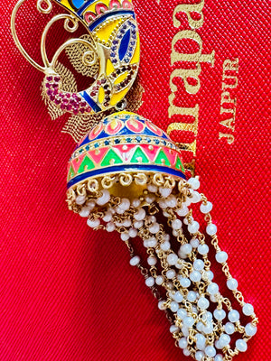 Buy Amrapali multicolor enamel jhumka earrings in USA with pearl tassels. Buy beautiful gold plated jewelry, gold plated earrings, silver earrings, silver bangles, bridal jewelry, wedding jewellery from Pure Elegance Indian fashion store in USA.-side