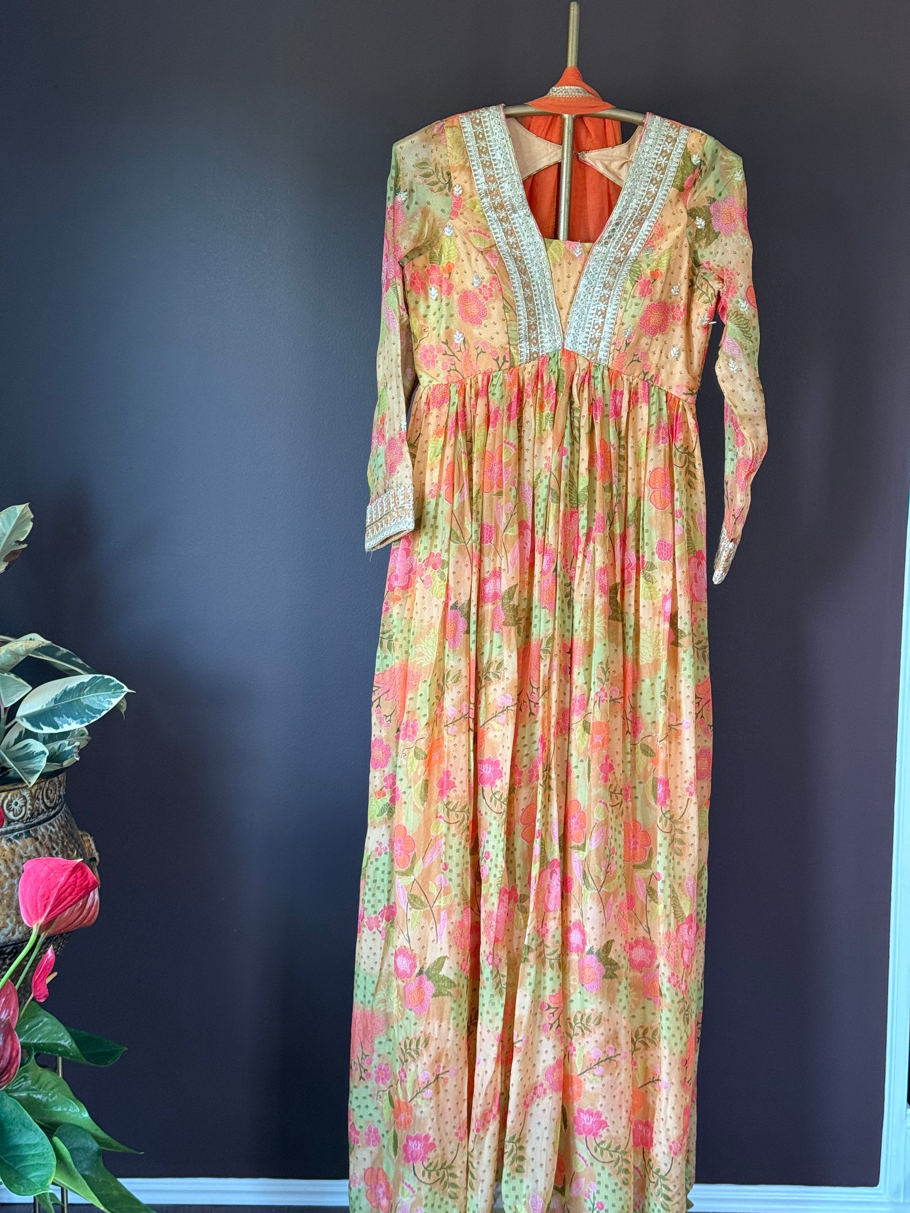 52A046 Peach Floral Embroidered Anarkali Suit With Dupatta