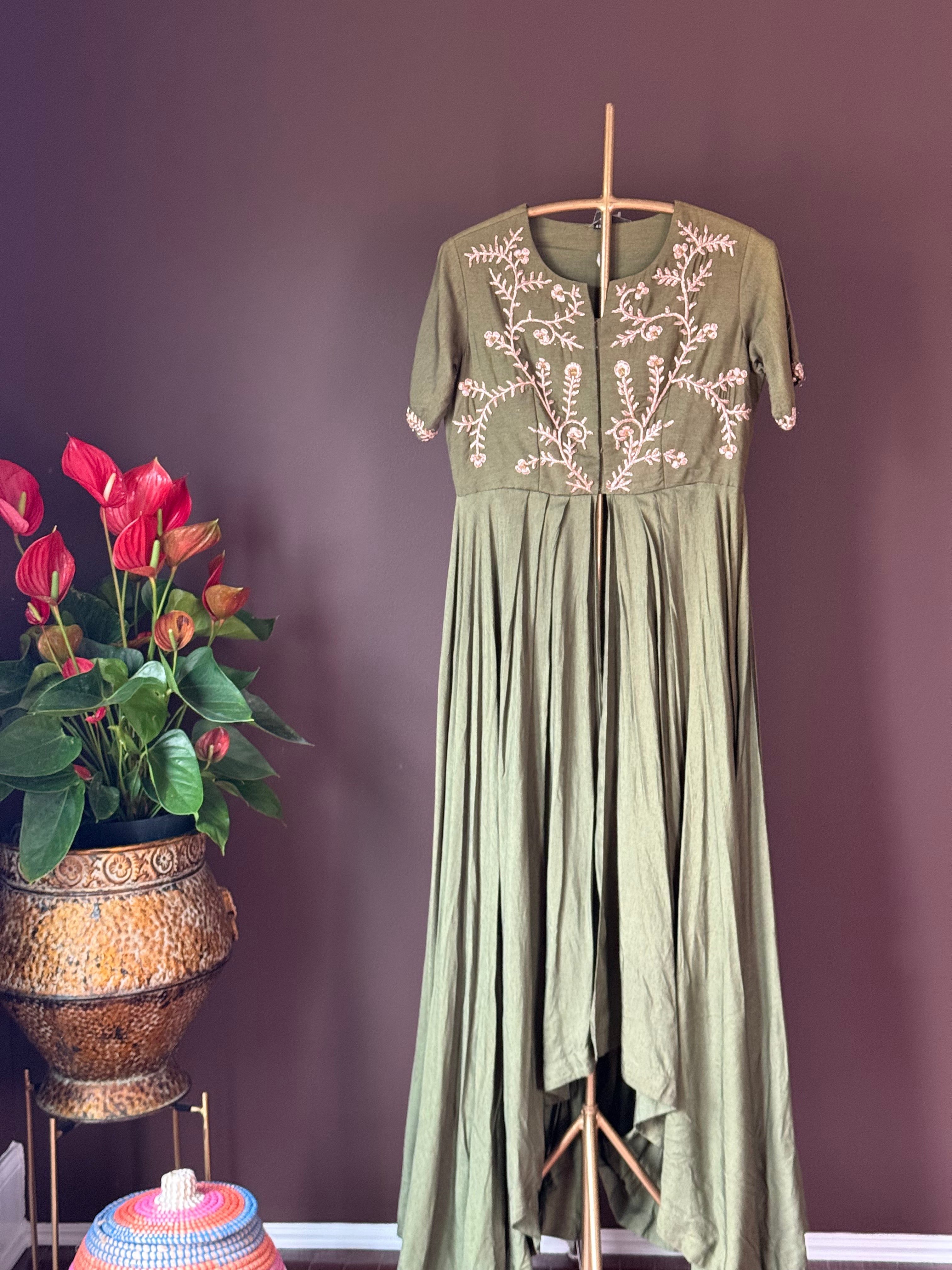 501668 Sage Green Embroidered Asymmetric Anarkali