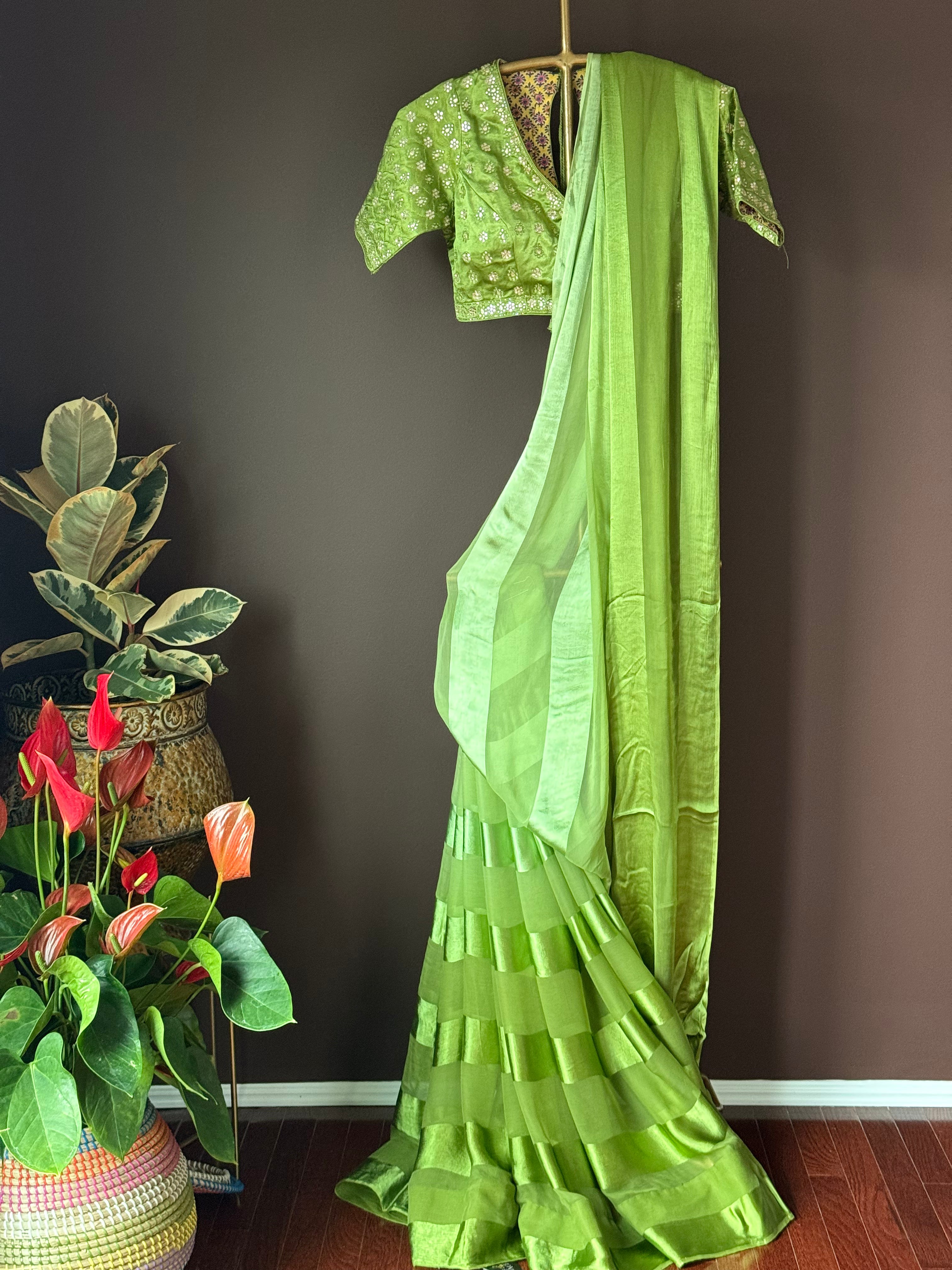 92A299 Pistachio Green Satin Crepe Saree With Blouse
