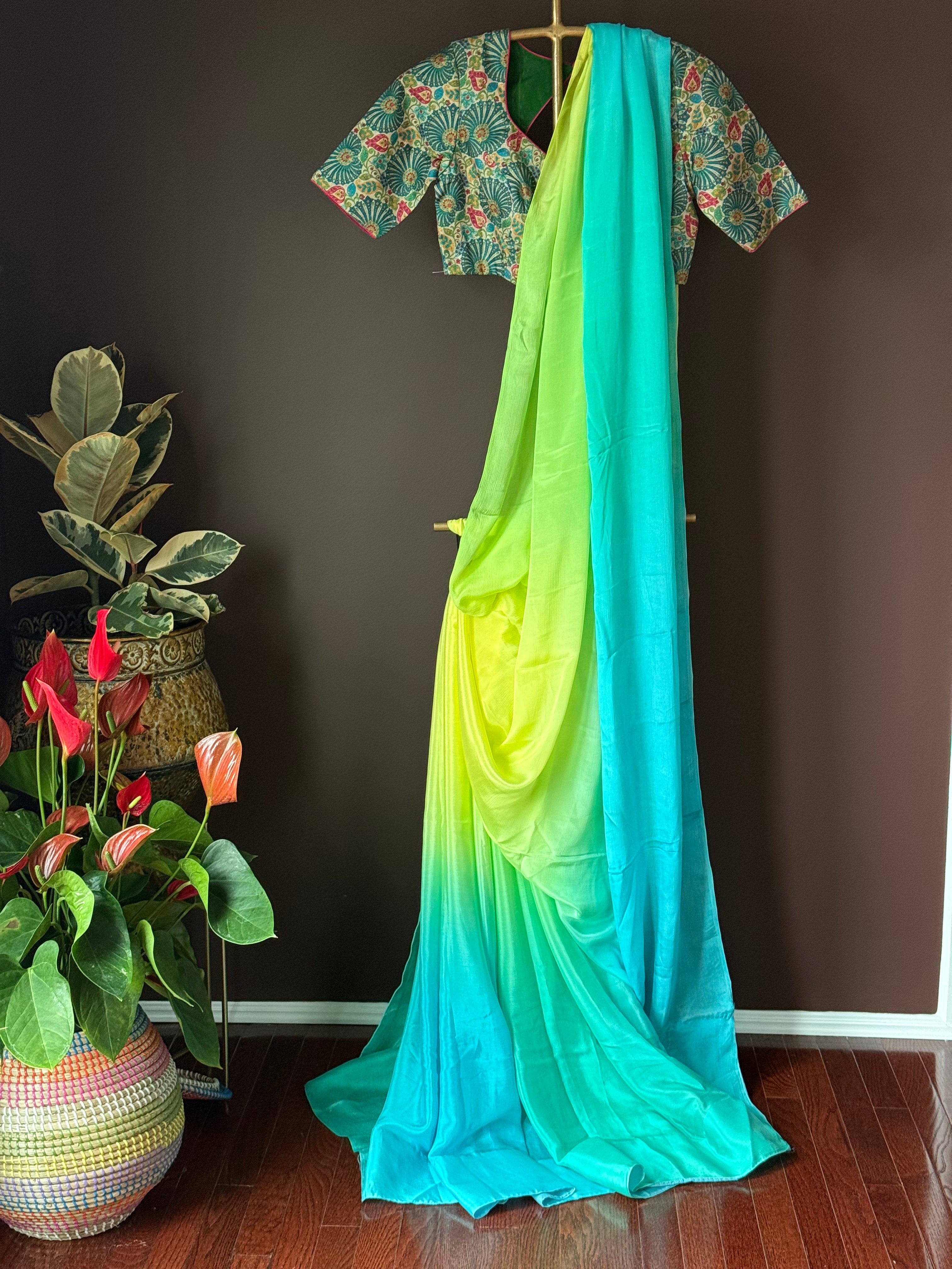 92A299B Pastel Blue And Green Crepe Saree With Blouse