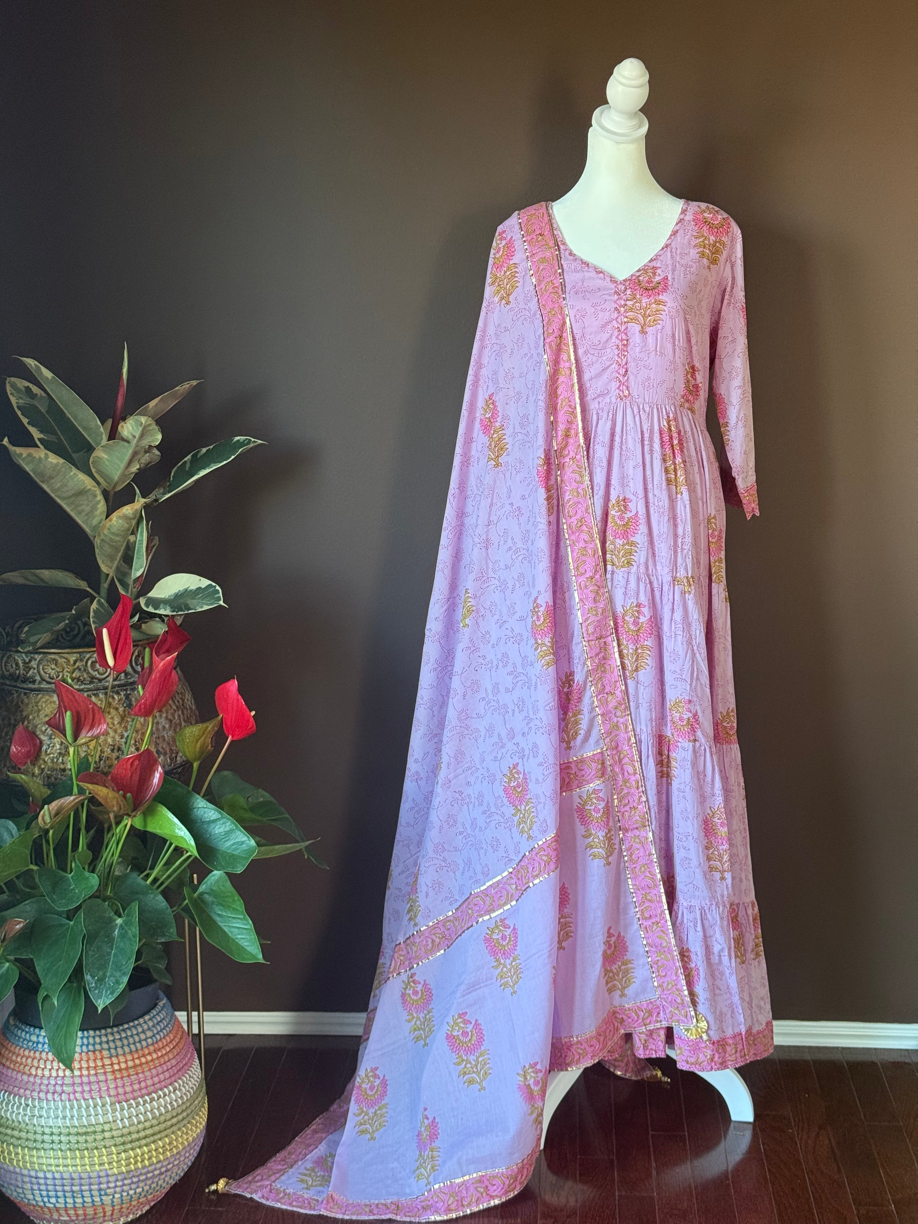 503126 Lavender Printed Anarkali With Dupatta