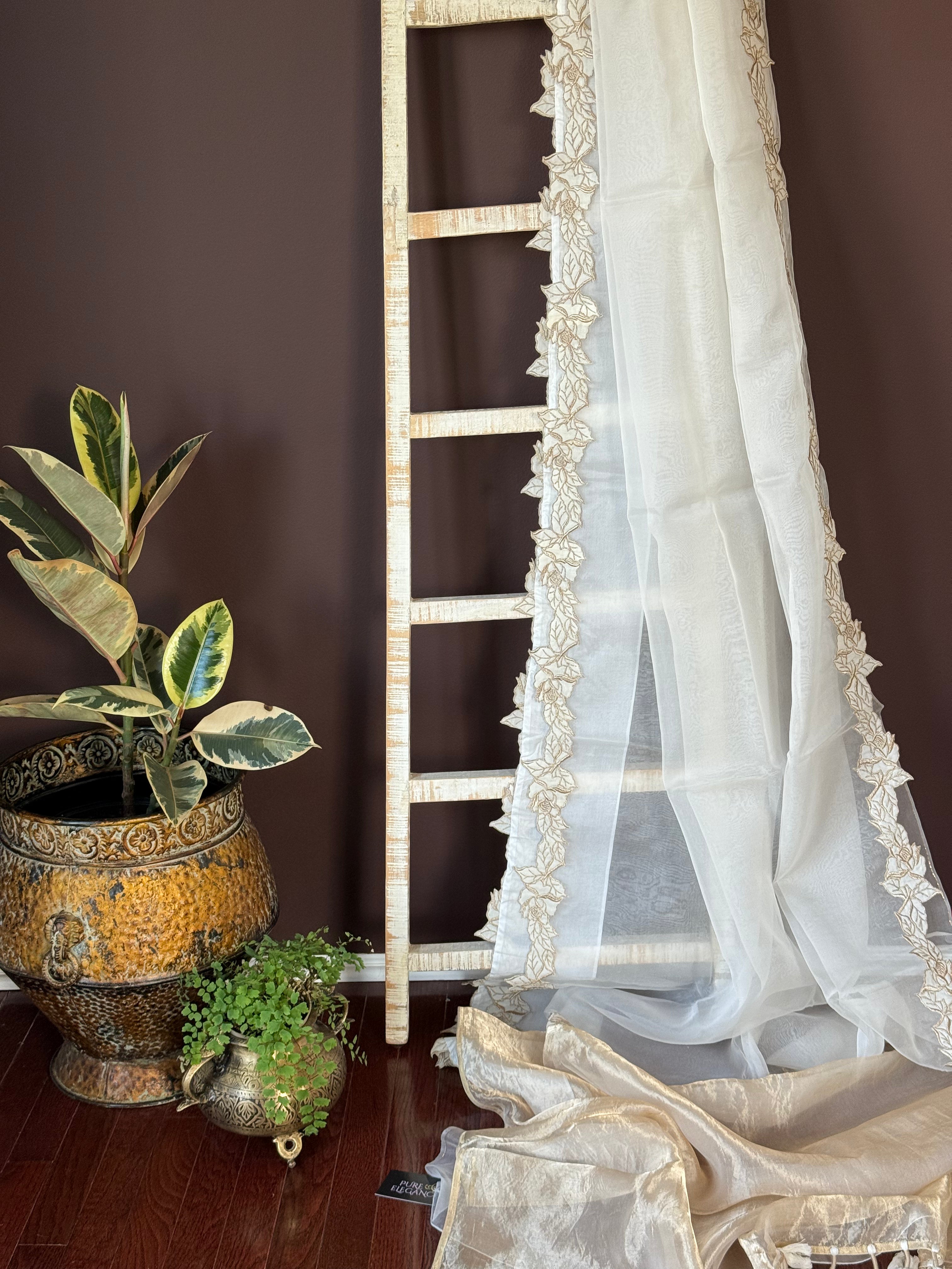 92A844 Cream Organza Saree With Blouse