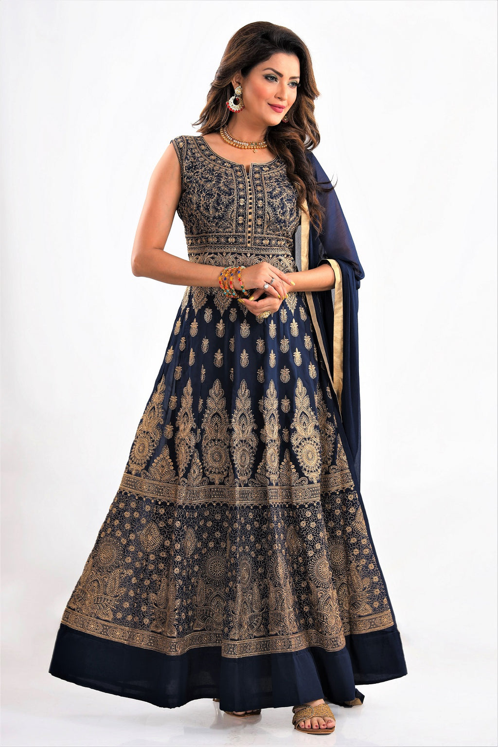 Shop navy georgette embroidered Anarkali online in USA with chiffon dupatta. Elevate your ethnic saree style with a tasteful collection of designer Anarkali, designer salwar suits, Indian dresses, sharara suits from Pure Elegance Indian clothing store in USA.-front