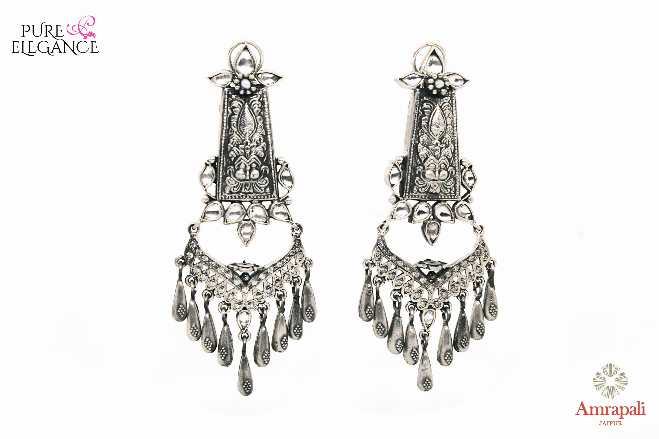 Buy Amrapali silver glass earrings online in USA. Find an exquisite collection of handcrafted Indian jewelry in USA at Pure Elegance Indian fashion store. Complete your festive look with beautiful silver gold plated necklaces, silver gold plated earrings, silver jewelry from our online store.-front