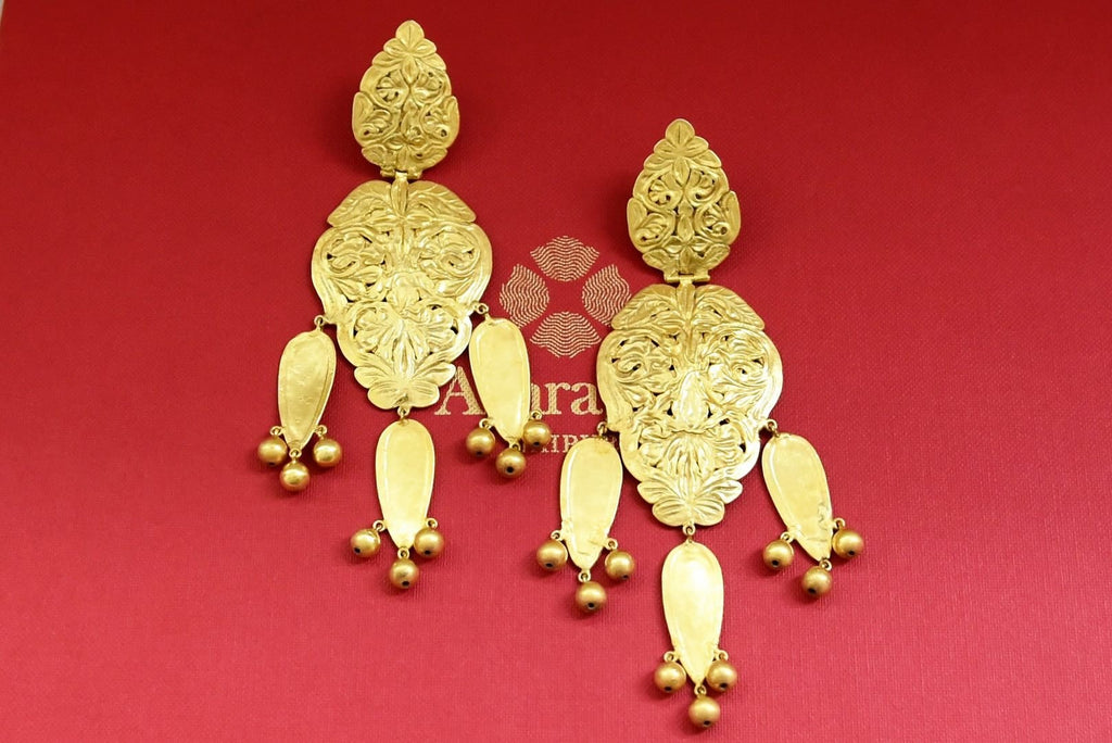 Shop gorgeous silver gold plated engraved dangling earrings online in USA. Elevate your ethnic style with exclusive silver jewelry, gold plated necklaces, gold plated earrings, silver necklaces from Pure Elegance Indian fashion store in USA.-front