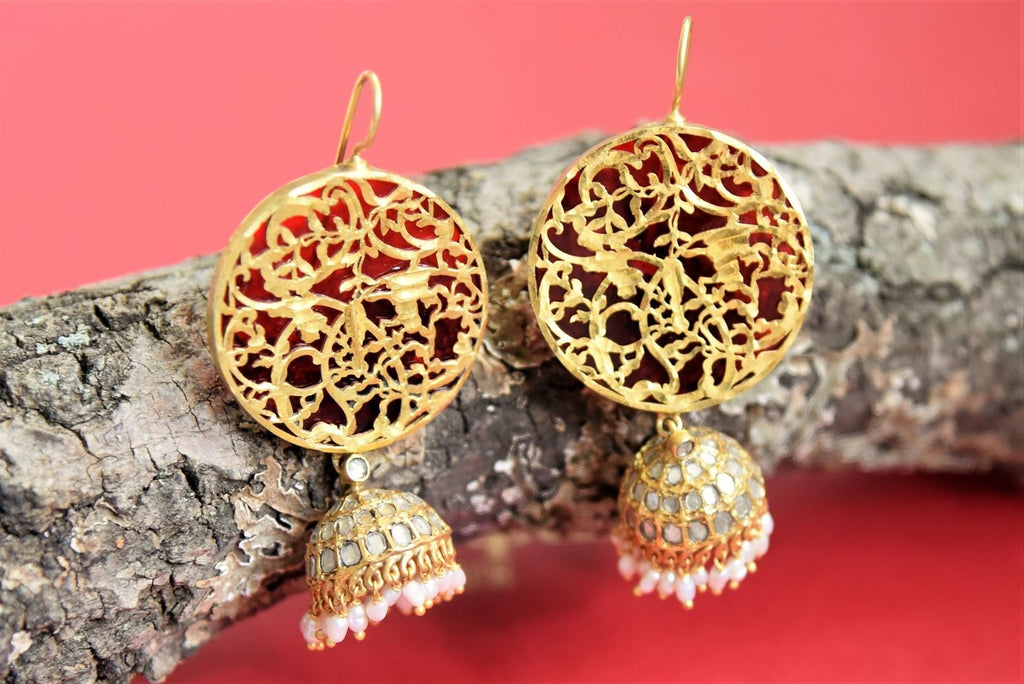 Shop Amrapali gold plated earrings online in USA with jhumka. Shop gold plated jewelry, silver jewelry,  silver earrings, bridal jewelry, fashion jewelry from Amrapali from Pure Elegance Indian clothing store in USA.-front