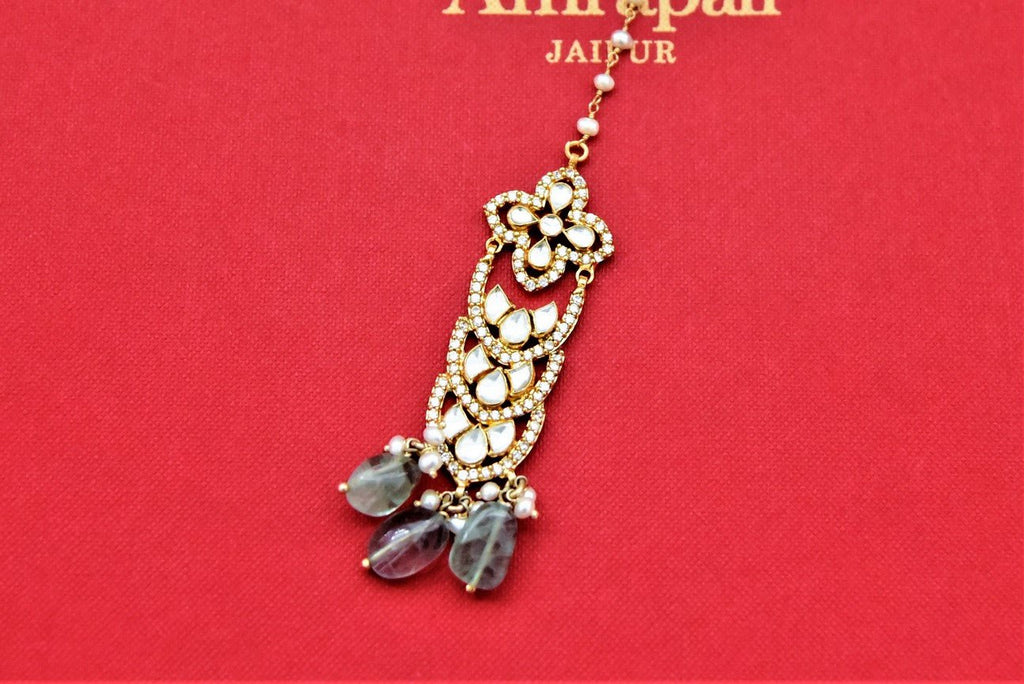 Shop stunning Amrapali gold plated glass stone maangtikka online in USA. Shop beautiful Amrapali jewelry, gold plated necklaces, silver jewelry, wedding jewelry, gold plated earrings from Pure Elegance Indian fashion store in USA.-full view