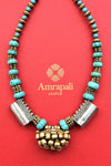 Buy beautiful Amrapali silver necklace in USA with gold ghungroo pendant. Look beautiful in Indian jewelry, gold plated jewelry , silver jewelry, gold plated earrings, wedding jewellery from Pure Elegance Indian fashion store in USA.-full view