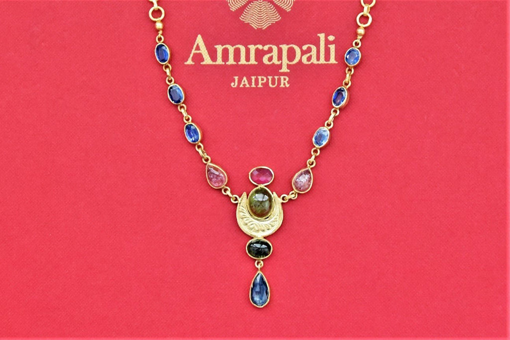 Shop beautiful gold plated blue stone chain necklace online in USA with pendant. Shop gold plated jewelry, silver jewelry,  silver earrings, bridal jewelry, fashion jewelry from Amrapali from Pure Elegance Indian clothing store in USA.-full view