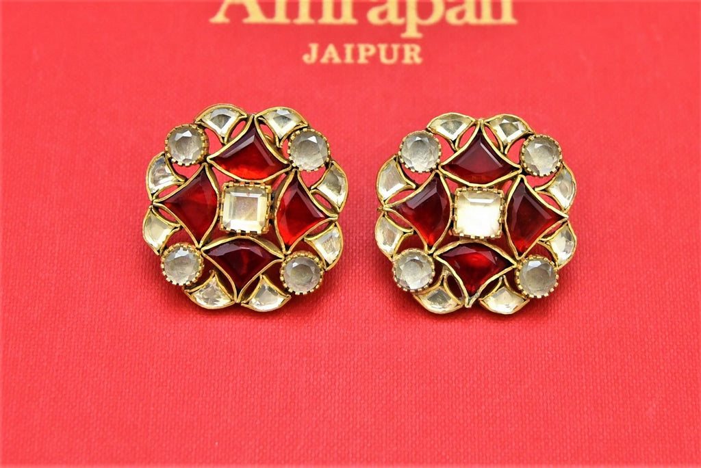 Buy stunning gold plated glass kundan stud earrings online in USA. Shop beautiful Amrapali jewelry, gold plated necklaces, silver jewelry, wedding jewelry, gold plated earrings from Pure Elegance Indian fashion store in USA.-front