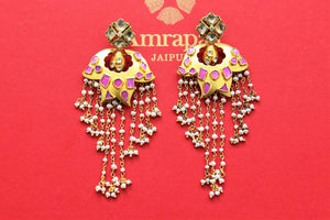 Shop stunning gold plated floral earrings online in USA with pearl strings. Shop gold plated jewelry, silver jewelry,  silver earrings, bridal jewelry, fashion jewelry from Amrapali from Pure Elegance Indian clothing store in USA.-full view
