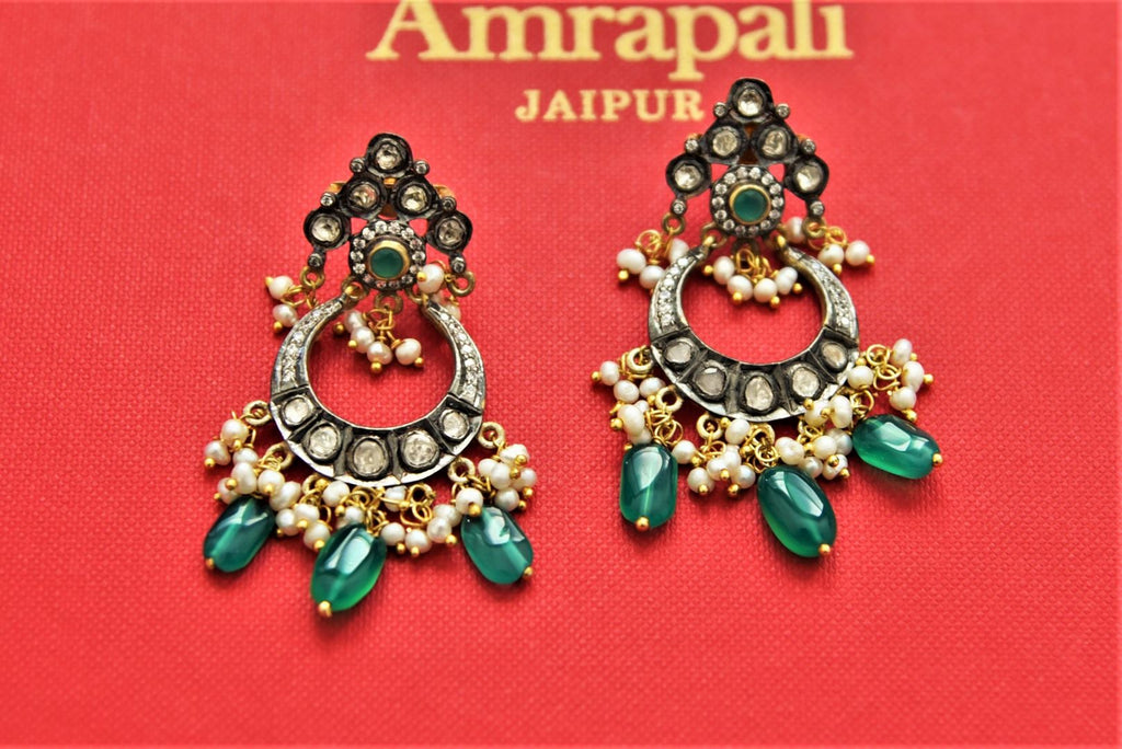 Shop stunning silver chandbali earrings online in USA with uncut stones and green drop stones. Add an elegant touch to your style with gold plated necklace, silver jewelry, wedding jewelry, gold plated earrings in USA from Pure Elegance Indian fashion store in USA.-full view