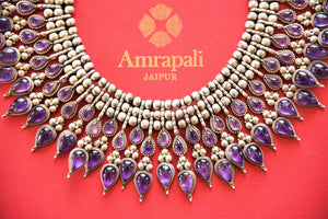 Buy beautiful heavy silver necklace online in USA with purple stone drops. Shop exclusive gold plated jewelry, wedding jewelry , bridal jewelry, gold plated earrings, silver jewelry from Amrapali at Pure Elegance Indian fashion store in USA.-closeup