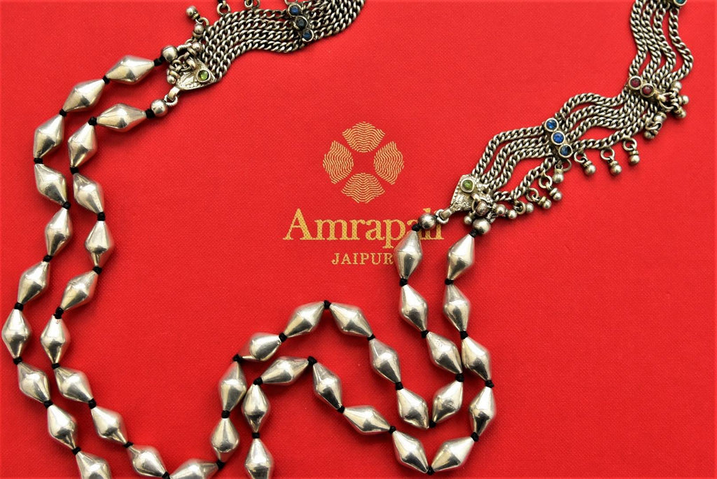 Buy stunning silver dholki layered thread necklace online in USA. Add an elegant touch to your style with gold plated necklace, silver jewelry, wedding jewelry, gold plated earrings in USA from Pure Elegance Indian fashion store in USA.-full view