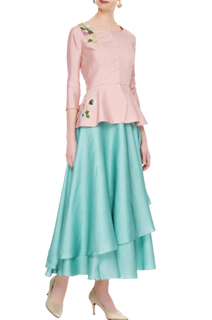 Buy pastel blue layered skirt online in USA with dusty pink embroidered peplum top. Give a touch of elegance to your style with an exclusive range of Indian formal dresses, designer lehengas, Indowestern dresses from Pure Elegance Indian fashion store in USA or shop online.-full view