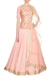 Buy peach backless kurta lehenga set online in USA with gota patti embroidery. Sizzle in beautiful Indian formal dresses, designer lehengas, Indowestern dresses from Pure Elegance Indian fashion store in USA or shop online.-full view