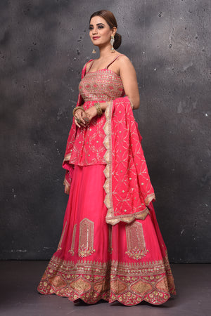 Shop beautiful pink embroidered peplum lehenga online in USA with dupatta. Get set for weddings and festive occasions in exclusive designer Anarkali suits, wedding gown, salwar suits, gharara suits, Indowestern dresses from Pure Elegance Indian fashion store in USA.-dupatta
