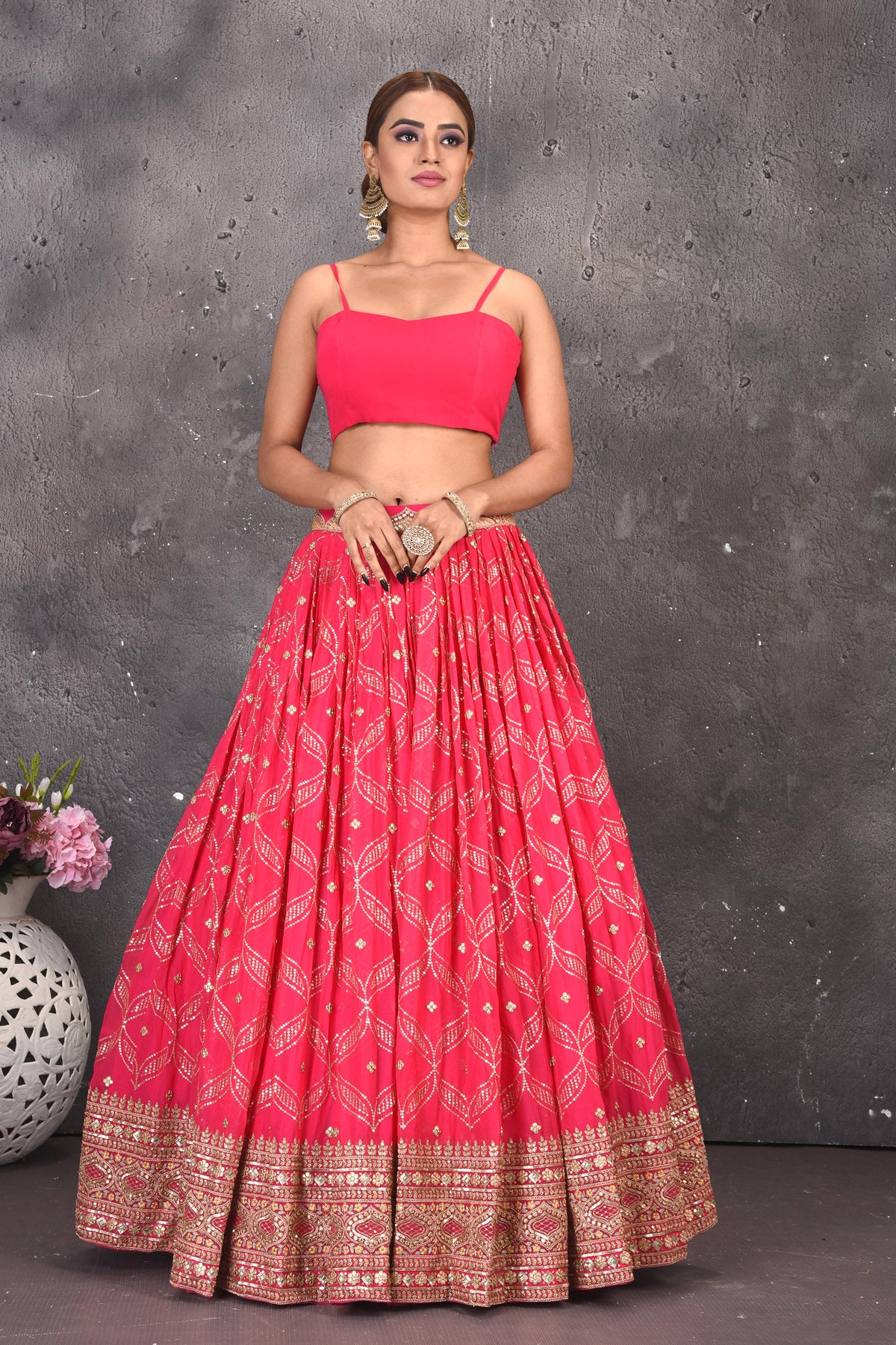 Buy gorgeous pink embroidered skirt set online in USA with kaftaan overlay. Look stylish at parties and wedding festivities in designer dresses, Indowestern outfits, Anarkali suits, wedding lehengas, palazzo suits, sharara suits from Pure Elegance Indian clothing store in USA.-front
