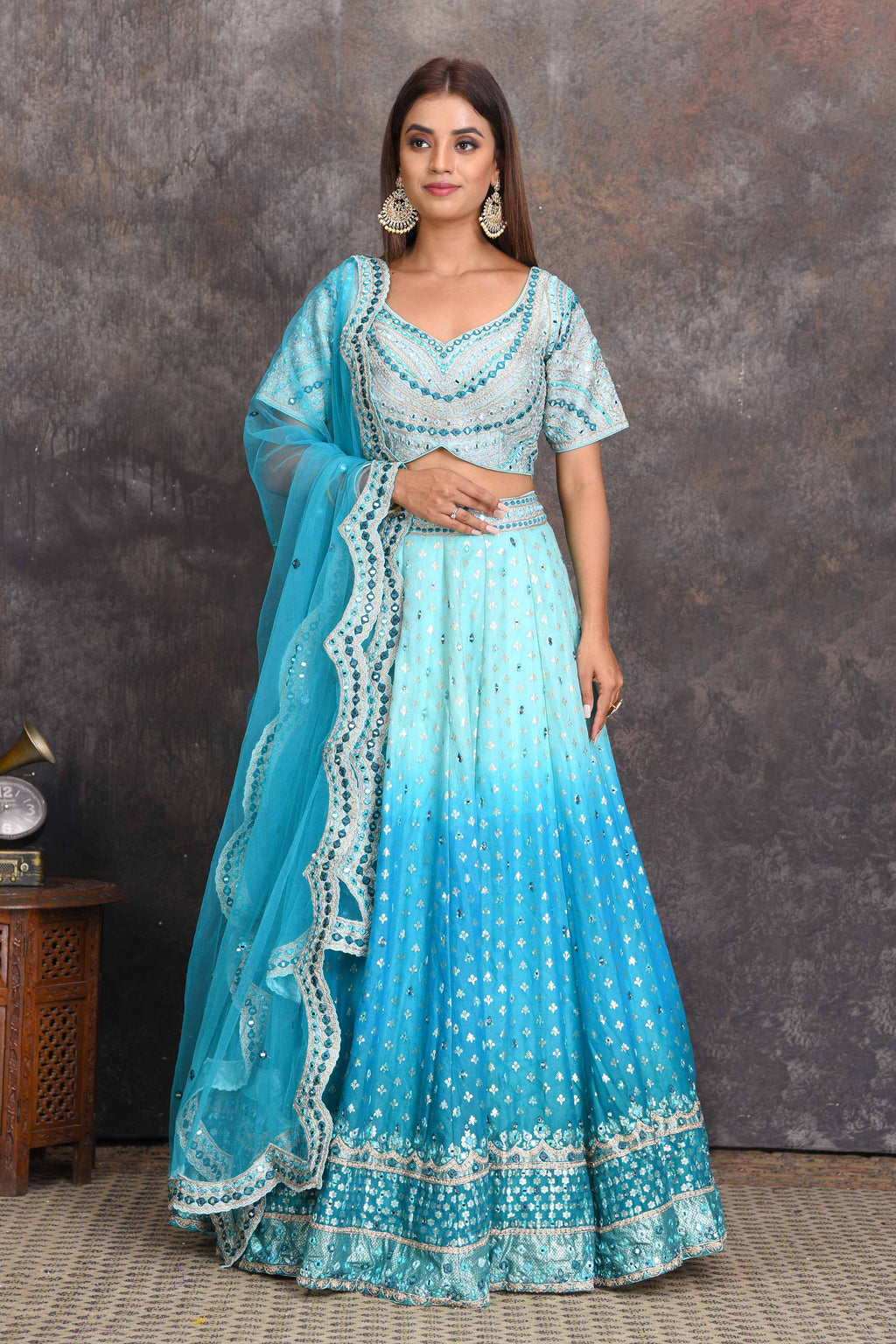 Shop ombre blue mirror work chanderi lehenga online in USA. Set a style statement on special occasions in exquisite designer lehengas, Anarkali suits, sharara suits, salwar suits, Indowestern outfits from Pure Elegance Indian fashion store in USA.-full view