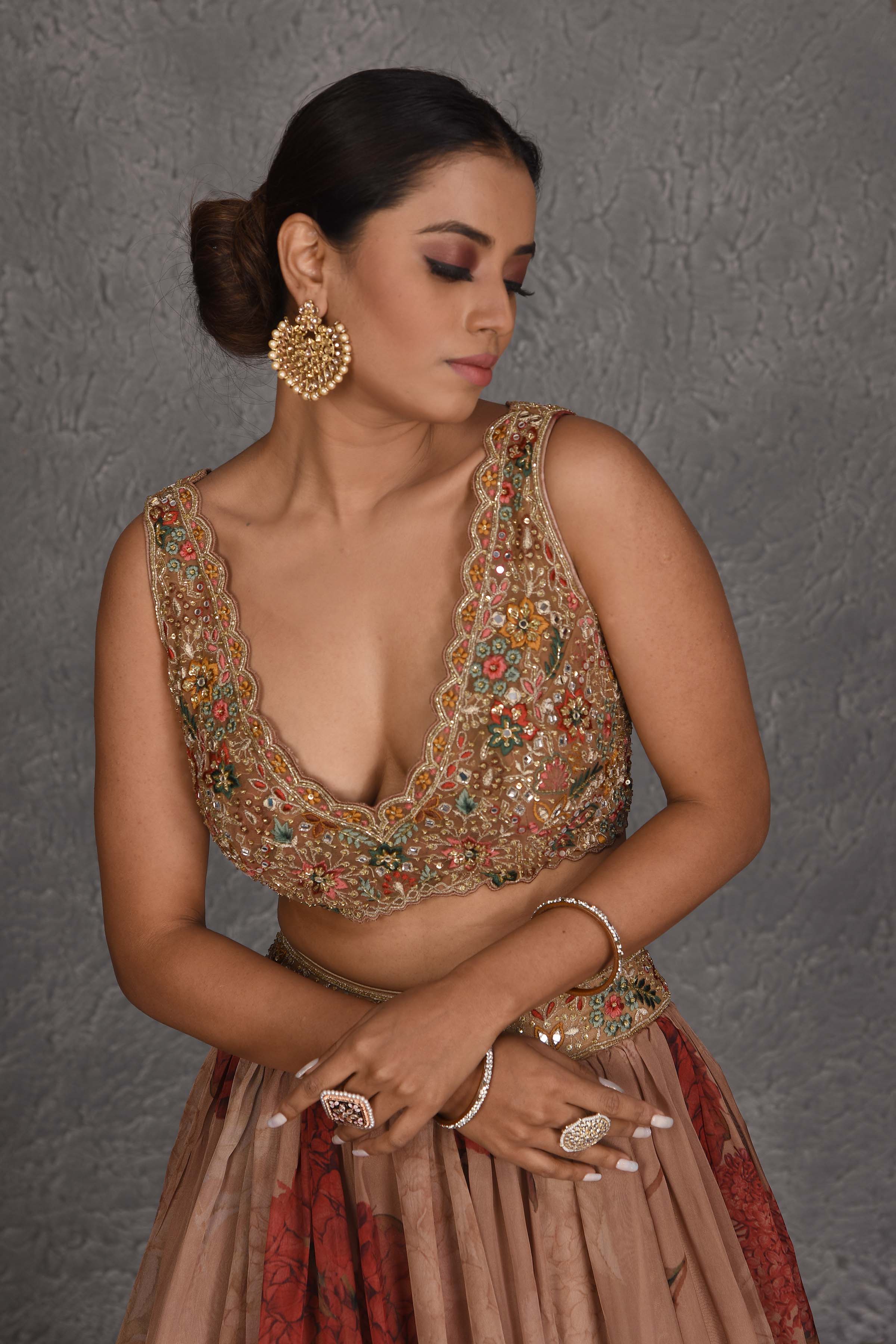 Shop beautiful brown floral printed lehenga online in USA with embroidered blouse. Flaunt your Indian style on festive occasions in stunning designer lehengas, Anarkali suit, sharara suits, designer gowns, designer sarees, embroidered sarees from Pure Elegance India fashion store in USA. -closeup