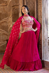 Buy beautiful rani pink embroidered lehenga online in USA with dupatta. Dazzle on weddings and special occasions with exquisite Indian designer dresses, sharara suits, Anarkali suits, bridal lehengas, sharara suits from Pure Elegance Indian clothing store in USA.-full view