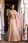 Buy powder pink georgette lehenga online in USA with dupatta. Dazzle on weddings and special occasions with exquisite Indian designer dresses, sharara suits, Anarkali suits, bridal lehengas, sharara suits from Pure Elegance Indian clothing store in USA.-full view
